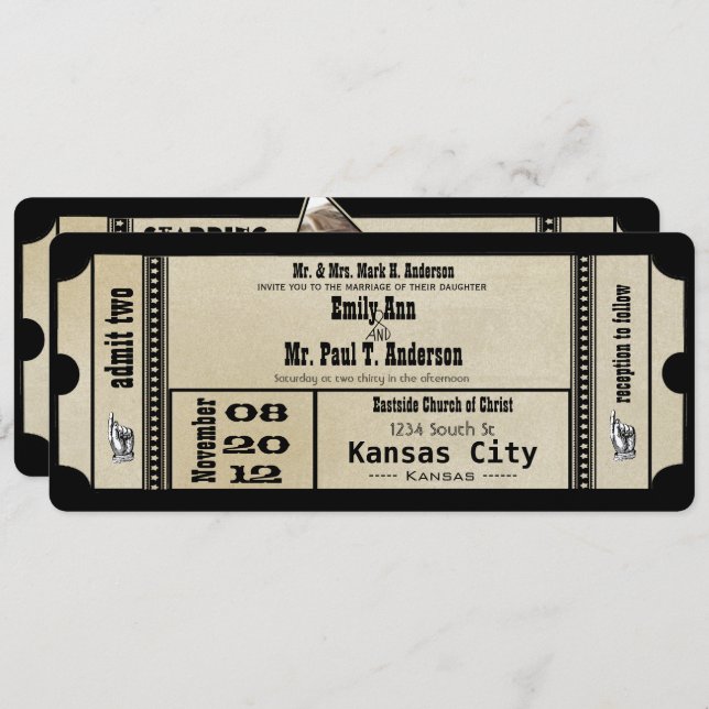 Funky Playbill Mariage Invitation métallique argen (Devant / Derrière)