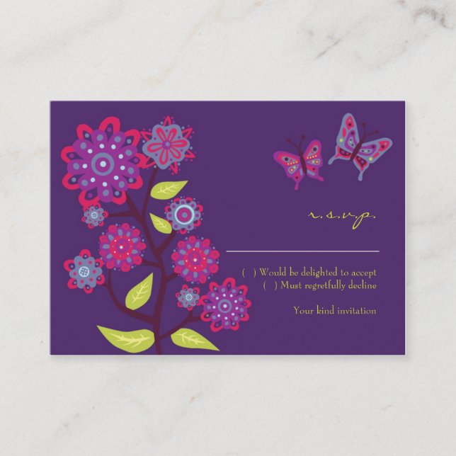 Funky Purple Flowers Mariage Carte RSVP (Devant)