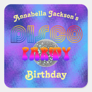 Funky Rainbow Disco-Party auf lila Folie Quadratischer Aufkleber