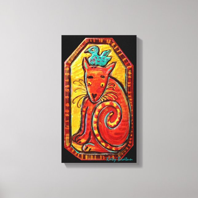 Funky Red Curious Cat Original Painting Leinwanddruck (Vorderseite)