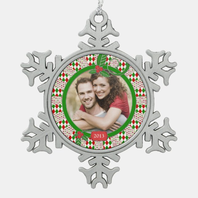 Funky Red Green Family Foto Xmas Weihnachten Schneeflocken Zinn-Ornament (Vorderseite)