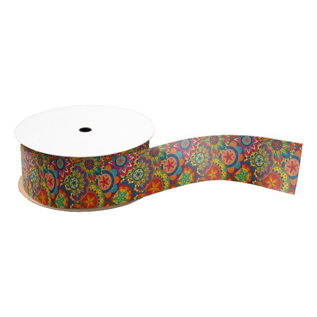 Funky Retro Colorful Mandala Pattern Ripsband (Spule)