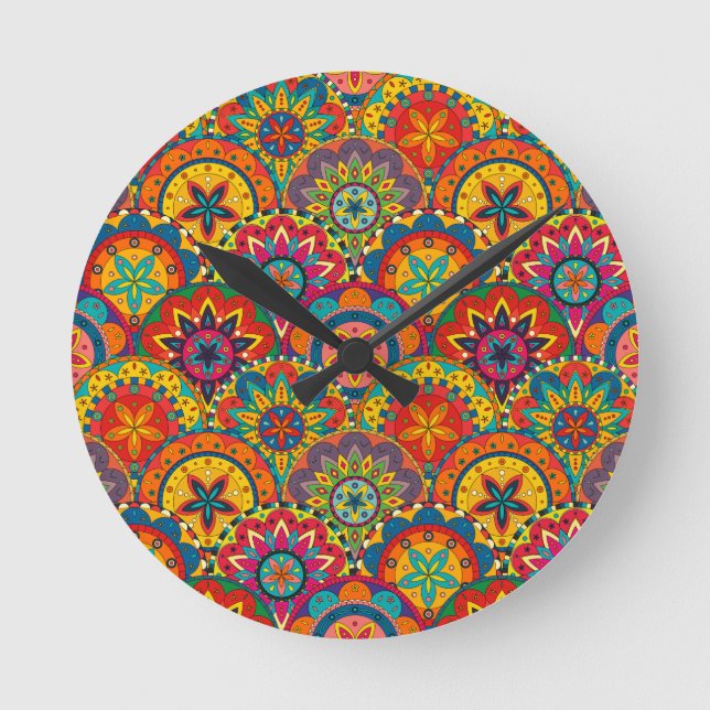 Funky Retro Colorful Mandala Pattern Runde Wanduhr (Vorderseite)