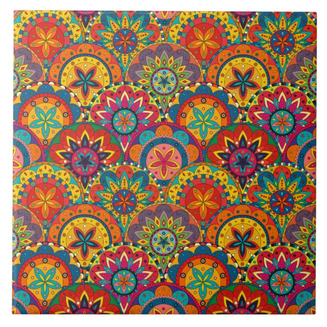 Funky Retro Farbige Mandala-Muster Fliese (Vorderseite)