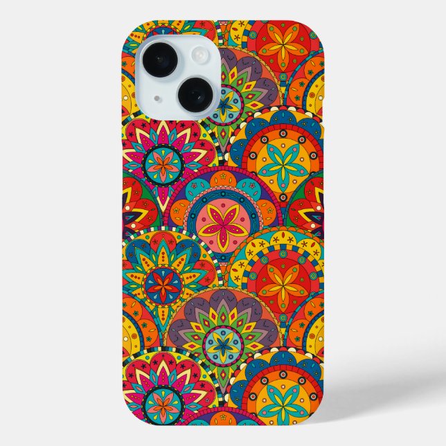 Funky Retro Farbige Mandala-Muster iPhone 15 Hülle (Rückseite)