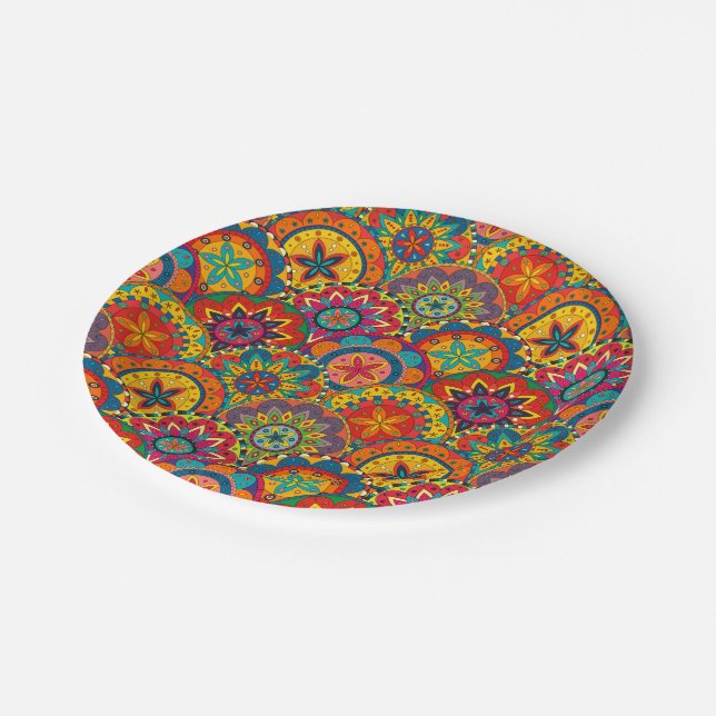 Funky Retro Farbige Mandala Muster Pappteller (Schrägansicht)