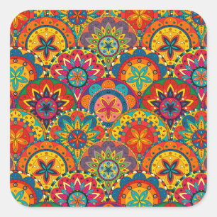 Funky Retro Farbige Mandala-Muster Quadratischer Aufkleber