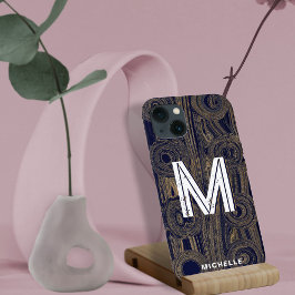 Funky Retro Groovy Navy Blue Gold Glitzer Monogram Case-Mate iPhone Hülle