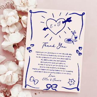 Funky Retro Main Tirée Bleu Mariage Carte de remer
