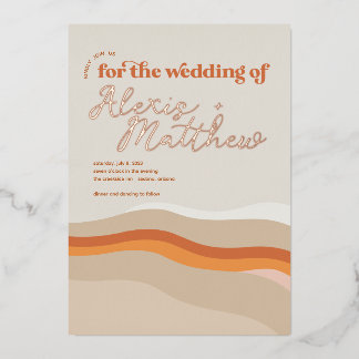 Funky Retro Orange Peach and Gold Desert Wedding Folieneinladung