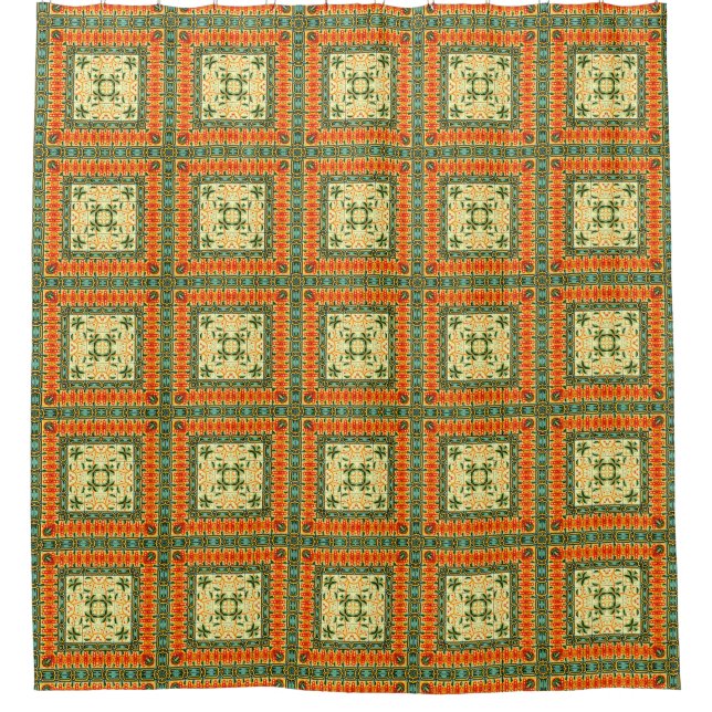 Funky Retro Square Tile Pattern mit Spring Blume Duschvorhang (Vorderseite)