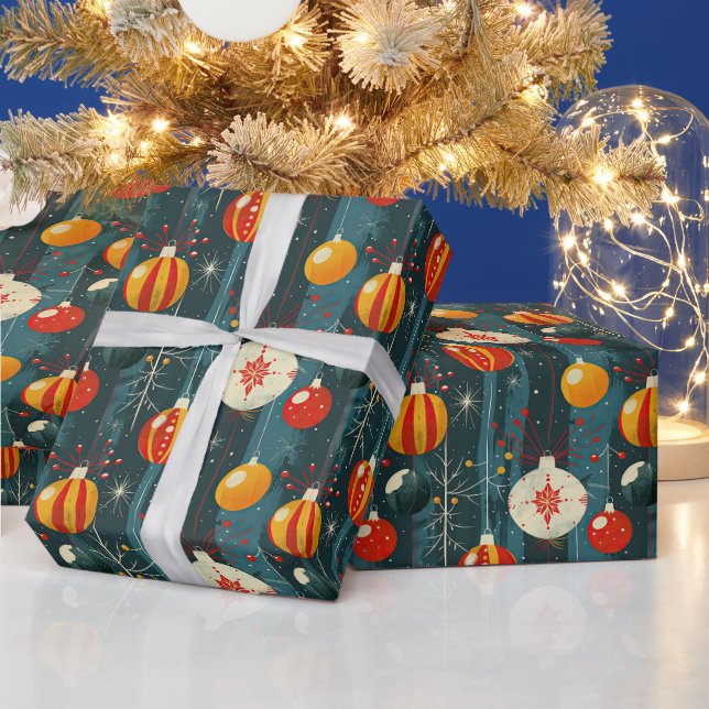 Funky Retro Weihnachtsdekorationen Blau Geschenkpapier (Feiertage)