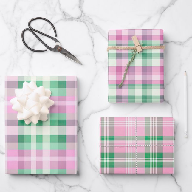 Funky rosa und grünes Kariertes Tartan-Mix-Muster Geschenkpapier Set (Vorderseite)