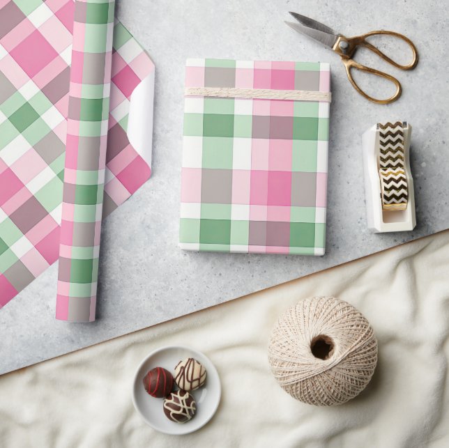 Funky rosa und grünes Kariertes Tartan-Muster Geschenkpapier (Kunsthandwerk)