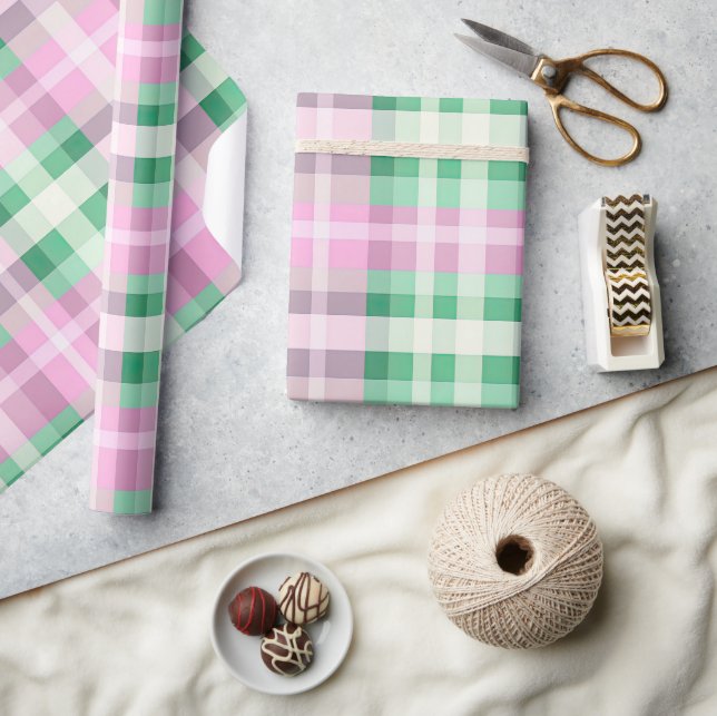 Funky rosa und grünes Kariertes Tartan-Muster Geschenkpapier (Kunsthandwerk)