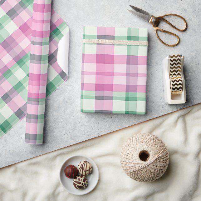 Funky rosa und grünes Kariertes Tartan-Muster Geschenkpapier (Kunsthandwerk)