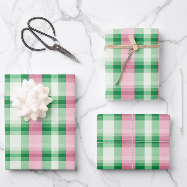 Funky rosa und grünes Kariertes Tartan-Muster Geschenkpapier Set (Vorderseite)