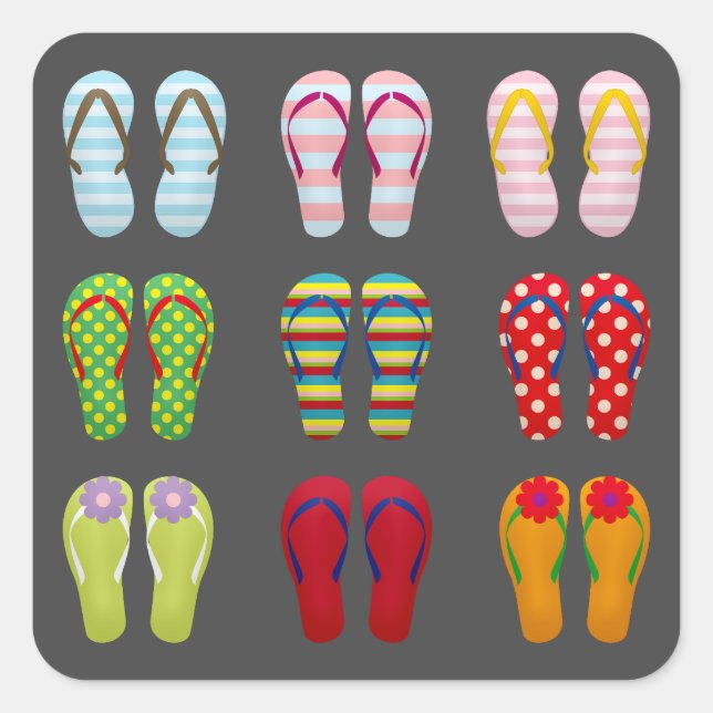 Funky Schuhe bunt Summer flip Flops Quadratischer Aufkleber (Vorderseite)