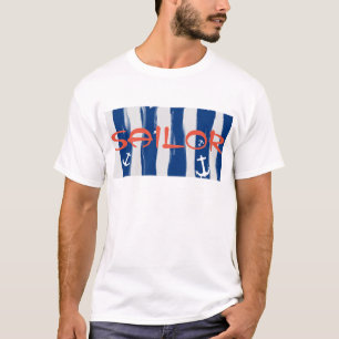 Funky Segler Blau Weiß Streifen Anker T-Shirt