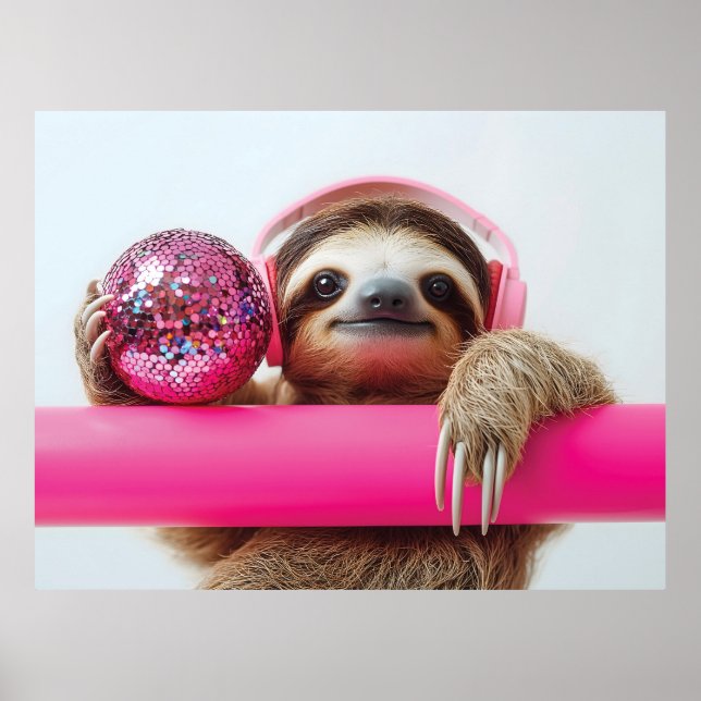 Funky Sloth mit rosa Kopfhörer und Diskothek Poster (Vorne)