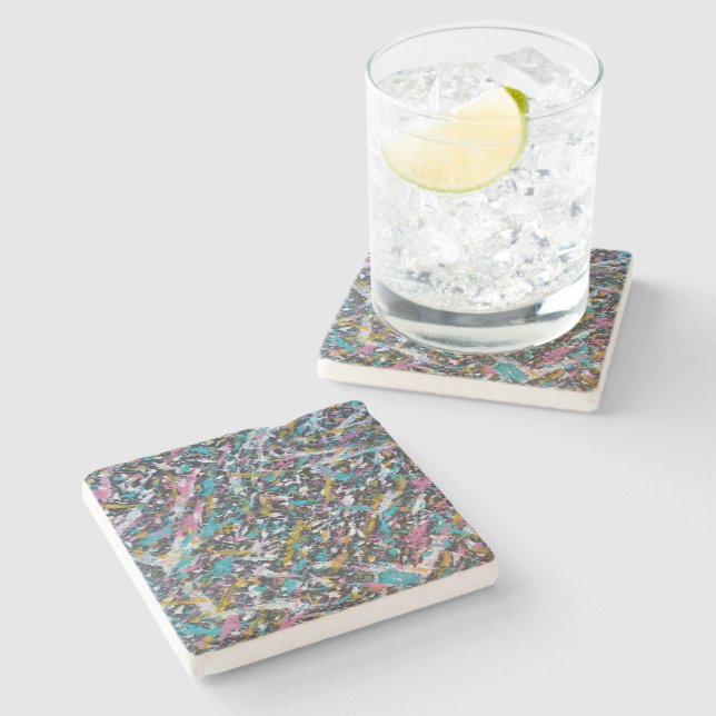 Funky Spritzer Art on Black Steinuntersetzer (Seitenansicht)