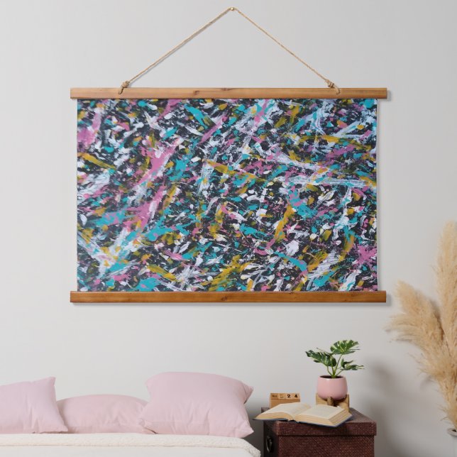 Funky Spritzer Art on Black Wandteppich Mit Holzrahmen (Schlafzimmer)