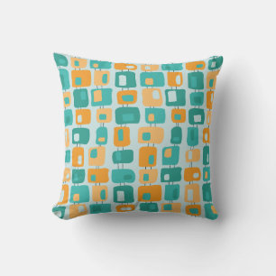 Funky Squares Retro Muster Aqua, Aquamarin, Orange Kissen