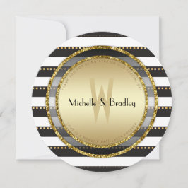 Funky Stripes Schwarz-weiß & Gold Round Wedding Einladung