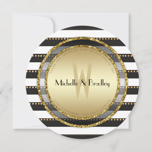 Funky Stripes Schwarz-weiß & Gold Round Wedding Einladung (Vorderseite)