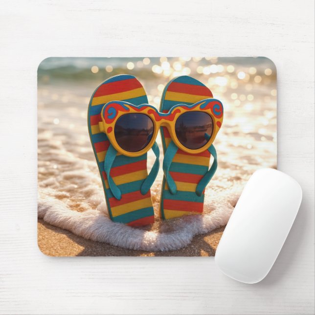 Funky Sunglasses On Flip-flops In Ocean Surf  Mousepad (Mit Mouse)