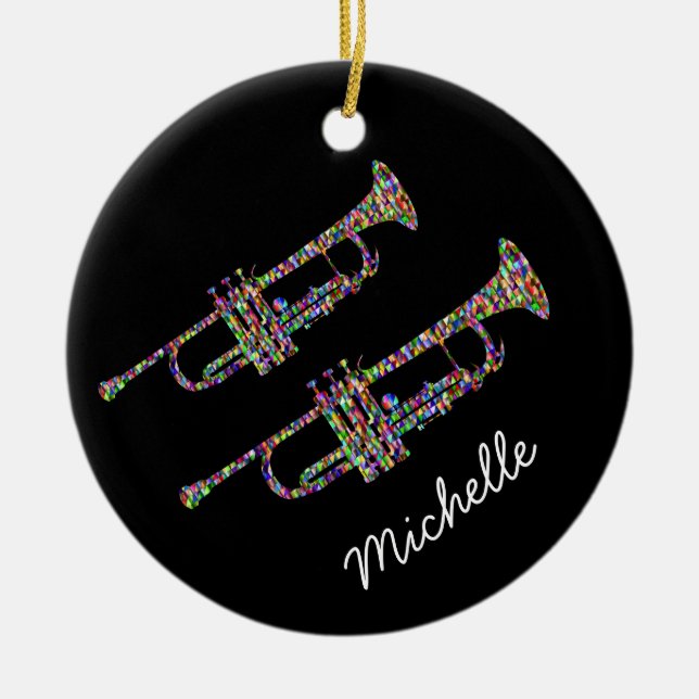 Funky Trompete persönlicher Name schwarz und rosa Keramik Ornament (Vorne)