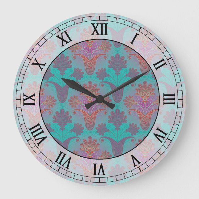 funky turquoise and magenta damask roman numerals große wanduhr (Vorderseite)