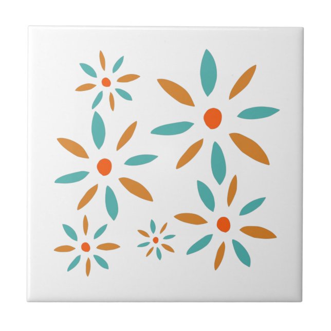 Funky Turquoise und Orange Mid Mod Retro Blume Fliese (Vorderseite)