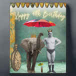 Funky Vintage Strongman 40th Birthday  Fotoplatte<br><div class="desc">Fun and funky altered art 40th birthday vignette features vintage strongman and a parasol carrying elephant photo cutouts with neon text</div>