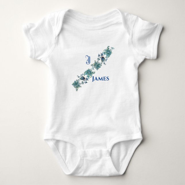 Funky Watercolor Blue Purple Flowers Monogram Baby Strampler (Vorderseite)