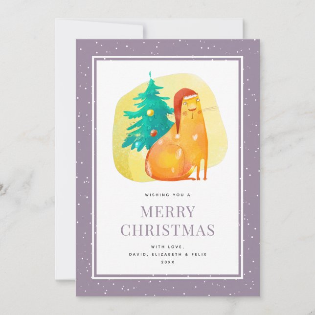 Funky Watercolor Chat Purple Joyeux Noël Carte (Devant)