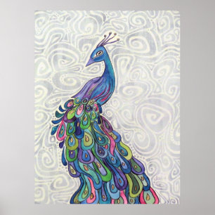 Funky Watercolor Peacock Affiche d'art originale