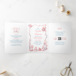 Funky Whimsical Doodles Modernes Wedding Foto Dreifach Gefaltete Einladung