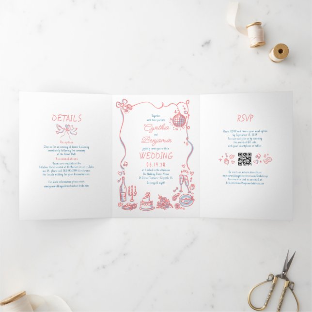 Funky Whimsical Doodles Modernes Wedding Foto Dreifach Gefaltete Einladung (Innenseite)