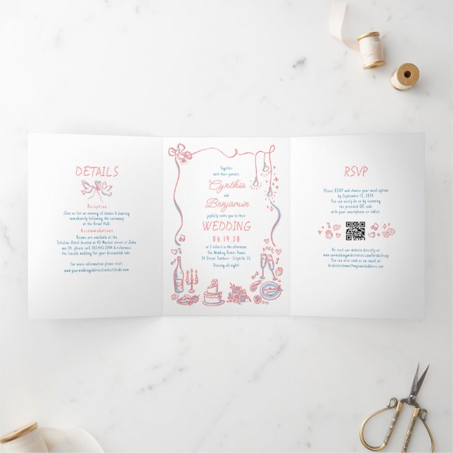 Funky Whimsical Doodles Modernes Wedding Foto Dreifach Gefaltete Einladung (Innenseite)