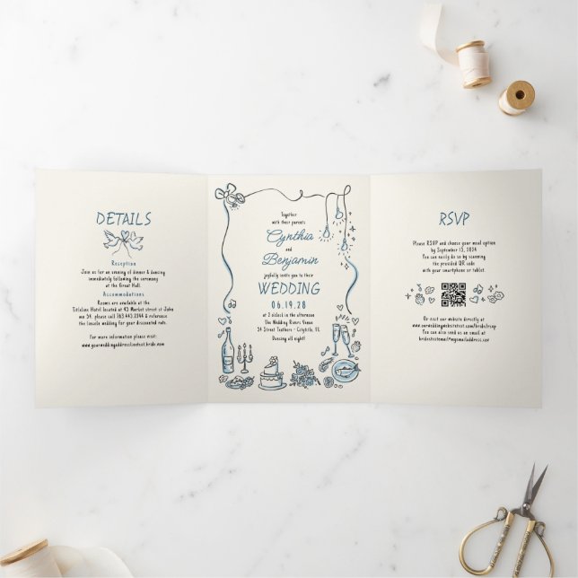 Funky Whimsical Doodles Modernes Wedding Foto Dreifach Gefaltete Einladung (Innenseite)