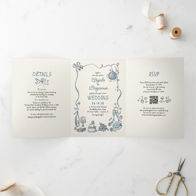 Funky Whimsical handgezeichnet modernes HochzeitsF Dreifach Gefaltete Einladung (Innenseite)