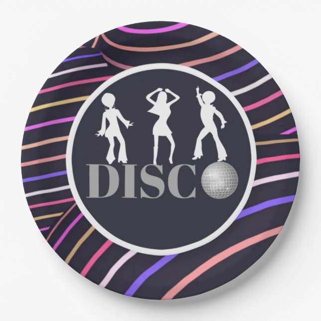 Funky Wirbels-Disco-Themasiebziger jahre Party Pappteller (Vorderseite)