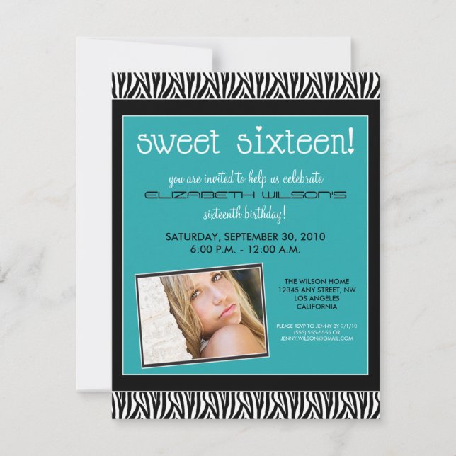Funky Zebra Sweet 16 Birthday Party Invite (aqua) Einladung (Vorderseite)