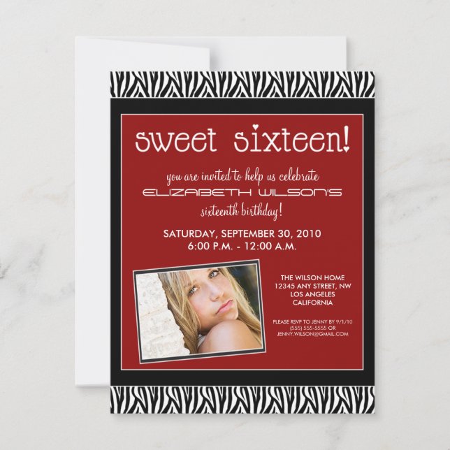 Funky Zebra Sweet 16 Birthday Party Invite (rot) Einladung (Vorderseite)