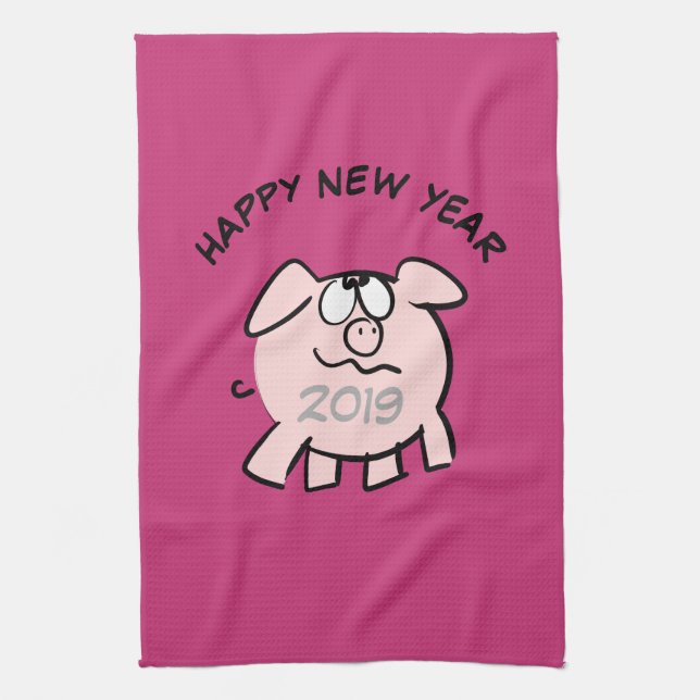 Funny 2 Cartoon Cochon Année 2019 Serviette de cui (Vertical)