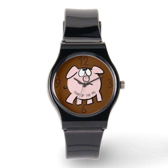 Funny 2 Cartoon Illustration Schweinejahr Geburtst Armbanduhr (Vorderseite)