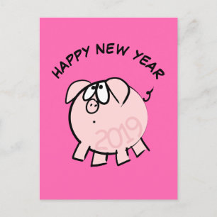 Funny 4 Cartoon Illustration Pig Jahr 2019 PostC Einladungspostkarte
