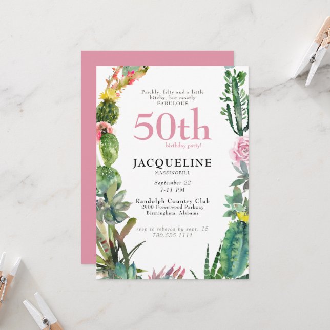 Funny 50th Cactus Prickly, Bitchy & Fabulous Einladung (Vorderseite/Rückseite Beispiel)