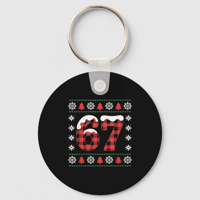 Funny 67 Buffalo Plaid Christmas Snow Ugly Sweater Schlüsselanhänger (Vorderseite)